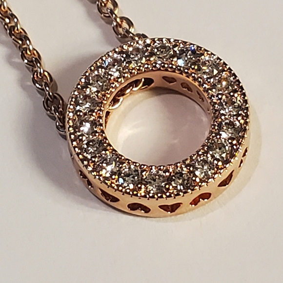 Authentic NEW Pandora Logo Pavé Circle Collier Necklace 14K RGP CZ - Picture 2 of 11